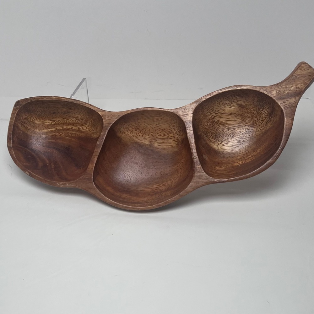 VTG Pea Pod Hand‎ Crafted 3 Section Divided Serving Tray Wood MCM Monkey Pod
